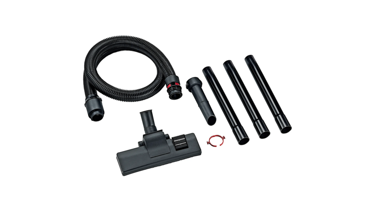 Ein Zubeh&ouml;r-Set f&uuml;r den 9543-10 Akku-Staubsauger mit Schl&auml;uchen, Verl&auml;ngerungsrohren und einer Bodend&uuml;se. Die Teile sind schwarz und liegen nebeneinander. Der Hintergrund ist neutral.
