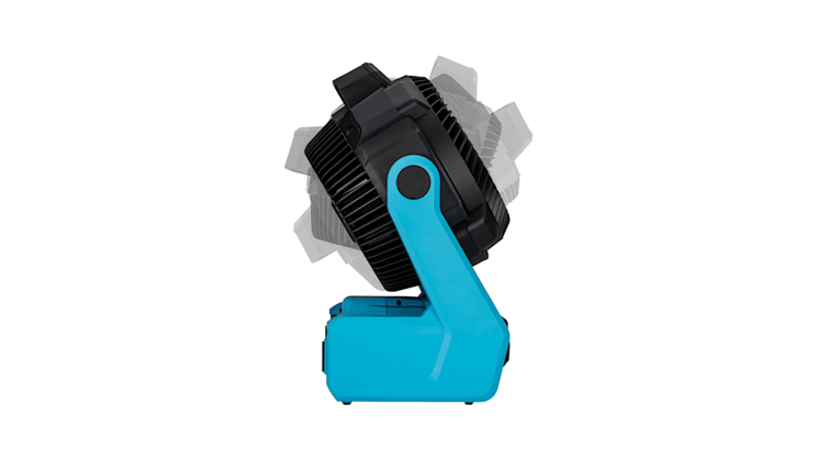 Seitenansicht des 9544-10 Akku-Hybrid-Ventilators in geneigter Position. Das schwarze L&uuml;ftergeh&auml;use ist auf einem blauen Standfu&szlig; montiert. Der Hintergrund ist neutral.