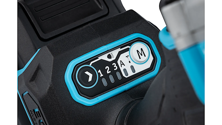 Nahaufnahme der Bedienelemente des Akku-Schlagschraubers 9512-600 mit digitalen Anzeige- und Modustasten.