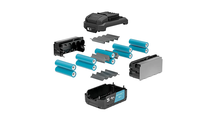 Explosionsdarstellung eines 18V-Akkus mit sichtbaren internen Komponenten, darunter Akkuzellen, Geh&auml;use und elektrische Verbindungen.