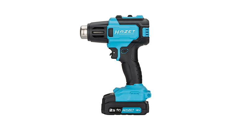 Das 9590-10 Akku-Hei&szlig;luftger&auml;t in aufrechter Position. Das blaue Geh&auml;use und der schwarze Griff sorgen f&uuml;r eine ergonomische Handhabung. Der Hintergrund ist neutral.