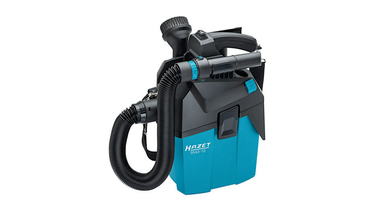 Der 9543-10 Akku-Staubsauger steht aufrecht. Das Ger&auml;t hat ein blau-schwarzes Design mit einem Schlauch und Tragegriff. Der Hintergrund ist neutral.