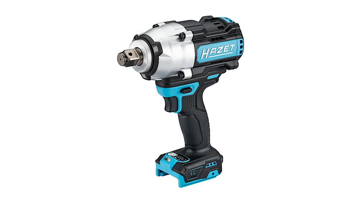 Der Akku-Schlagschrauber 9513-2100 ist leicht schr&auml;g von vorne zu sehen. Er hat ein ergonomisches Griffdesign, eine silberne Metallaufnahme und blaue Akzente. Der Hintergrund ist schlicht.