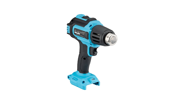 Das 9590-10 Akku-Hei&szlig;luftger&auml;t mit einem robusten Design. Die L&uuml;ftungsschlitze an der Seite sorgen f&uuml;r eine effiziente W&auml;rmeableitung. Der Hintergrund ist neutral gehalten.