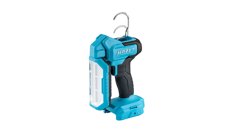 Das 9579-10 Akku-Arbeitslicht mit ausklappbarem Haken. Das blaue Geh&auml;use erm&ouml;glicht eine flexible Nutzung, w&auml;hrend das schwarze Griffst&uuml;ck f&uuml;r einen sicheren Halt sorgt. Der Hintergrund bleibt schlicht.