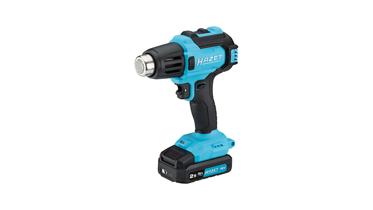 Das 9590-10 Akku-Hei&szlig;luftger&auml;t aus schr&auml;ger Perspektive. Das blaue Geh&auml;use und die schwarze Griffzone sorgen f&uuml;r eine stabile Handhabung. Der Hintergrund bleibt dezent.